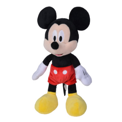 Plush Mickey Mouse toy, 25 cm tall, featuring black ears, red shorts with white buttons, white gloves, and yellow shoes, made from soft fabric.