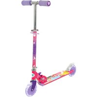 Pink Disney Princess foldable scooter with LED light-up wheels, purple grips, and princess-themed graphics.