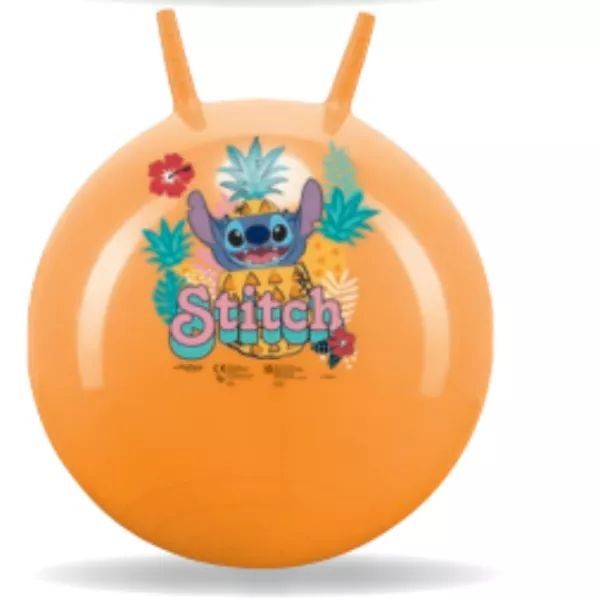 Bright orange hopper ball featuring a playful Stitch design with tropical elements, including a pineapple and flowers, made from durable material with two handles for bouncing.