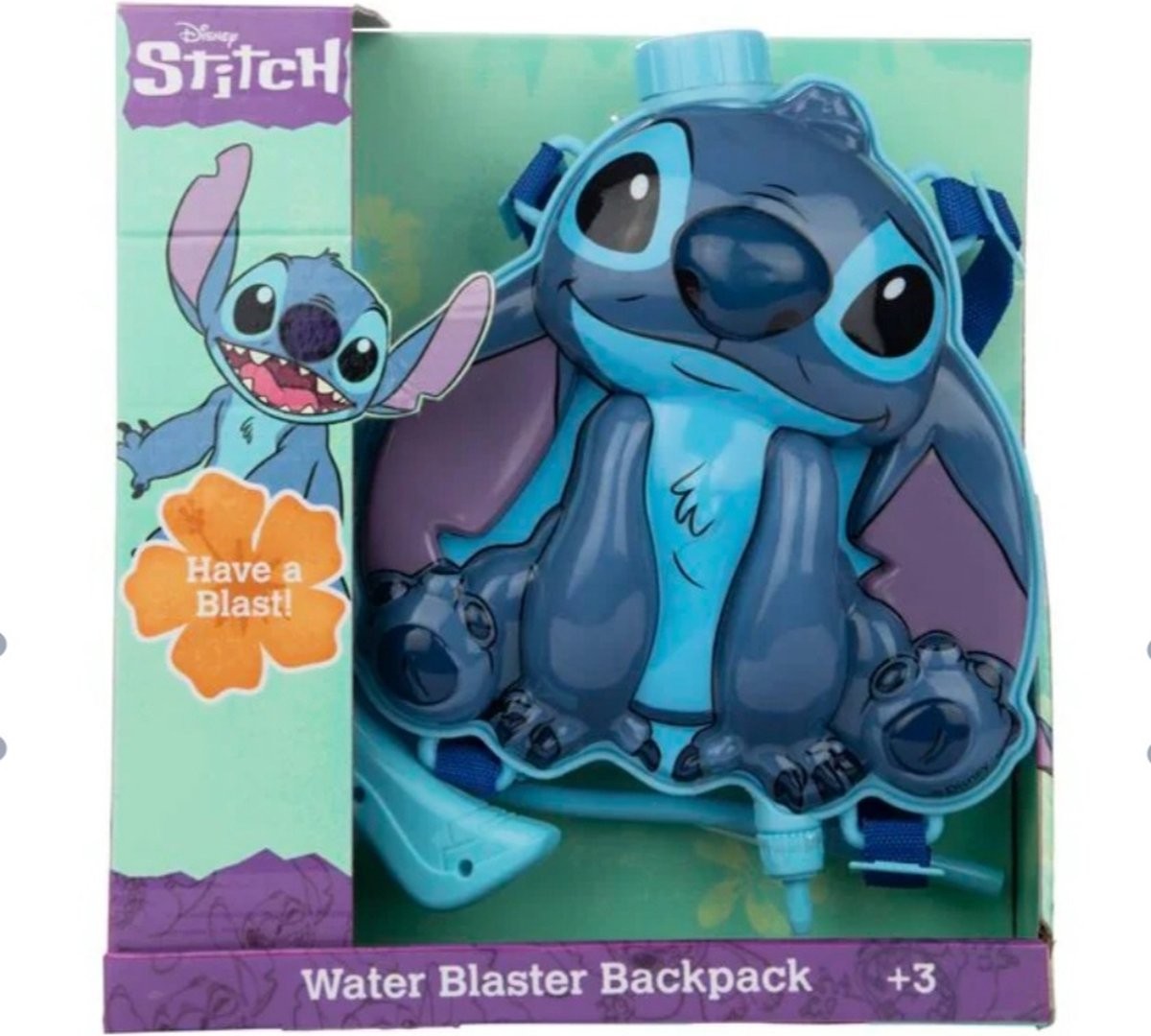 Bright blue backpack shaped like Disney's Stitch, featuring large eyes and a playful expression, with adjustable straps and a water blaster attachment, set against a colorful box.