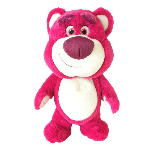 Plush Lotso toy from Disney's Toy Story, featuring a bright pink body, white belly, and a smiling face with large eyes and a round nose, made from soft, fluffy material.