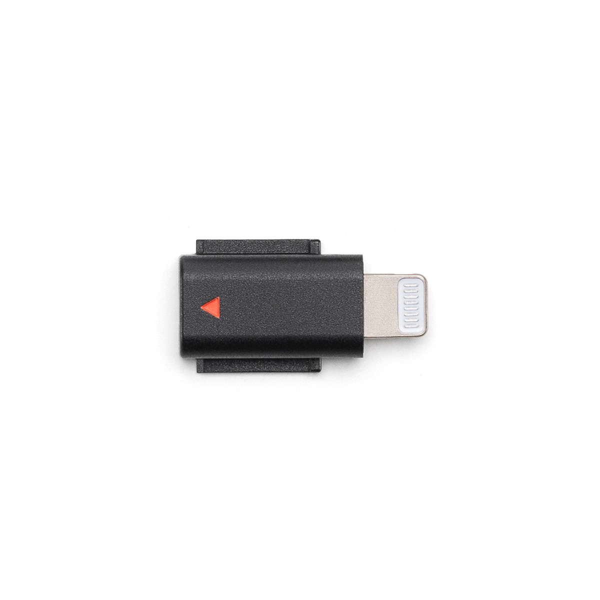 Black DJI Lightning mobile phone adapter with a silver connector and a red triangular indicator, designed for use with the Mic 3 wireless receiver.
