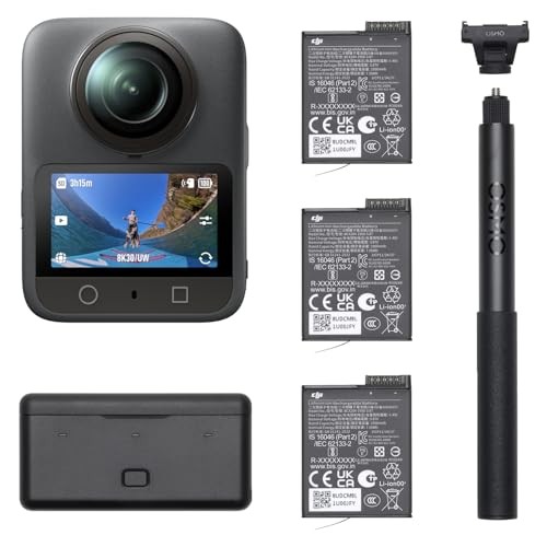 Dji Osmo 360 Adventure Combo includes a compact black camera with a large lens, a display screen, three batteries, and a selfie stick for versatile shooting.