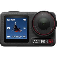 Black DJI Osmo Action 5 Pro camera with front display, large lens, and red accents on a compact rectangular body.