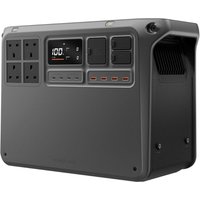 Black DJI POWER 2000 portable power station with multiple UK outlets, digital display, and USB ports.