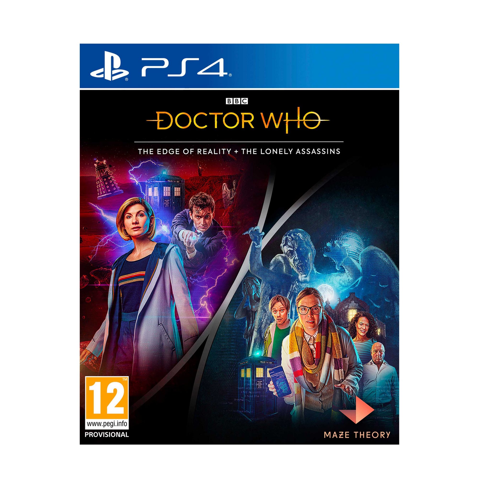 Doctor Who Duo Bundle for PlayStation 4 featuring vibrant artwork with characters, the TARDIS, and a dark blue and black color scheme, highlighting "The Edge of Reality" and "The Lonely Assassins."