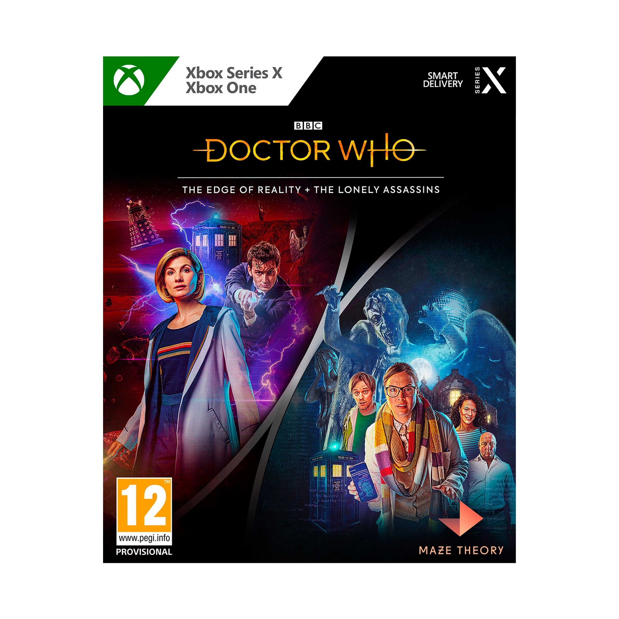 Doctor Who: Duo Bundle for Xbox Series X featuring vibrant artwork with iconic blue TARDIS, characters, and a sci-fi theme, packaged in a sleek black box with green Xbox logo.