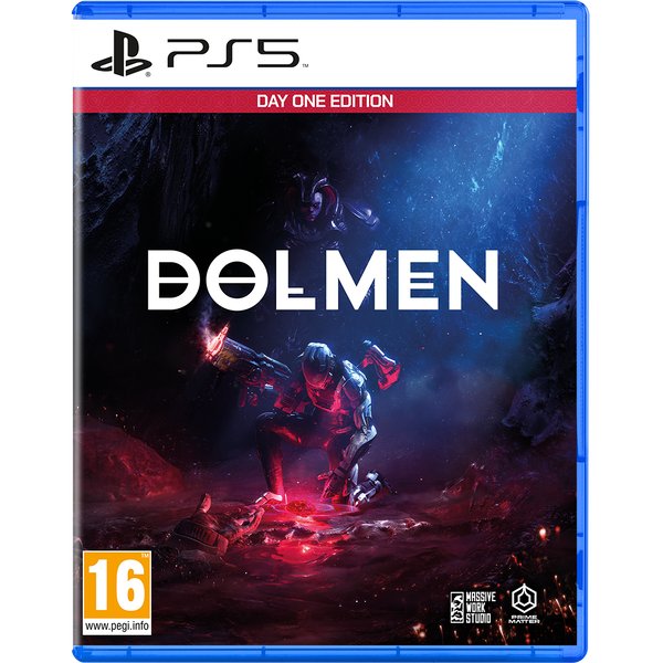 Dolmen Day One Edition for PS5 features a vibrant blue case with a sci-fi cover art depicting a character in a dark, alien landscape, highlighted by glowing red and blue elements.