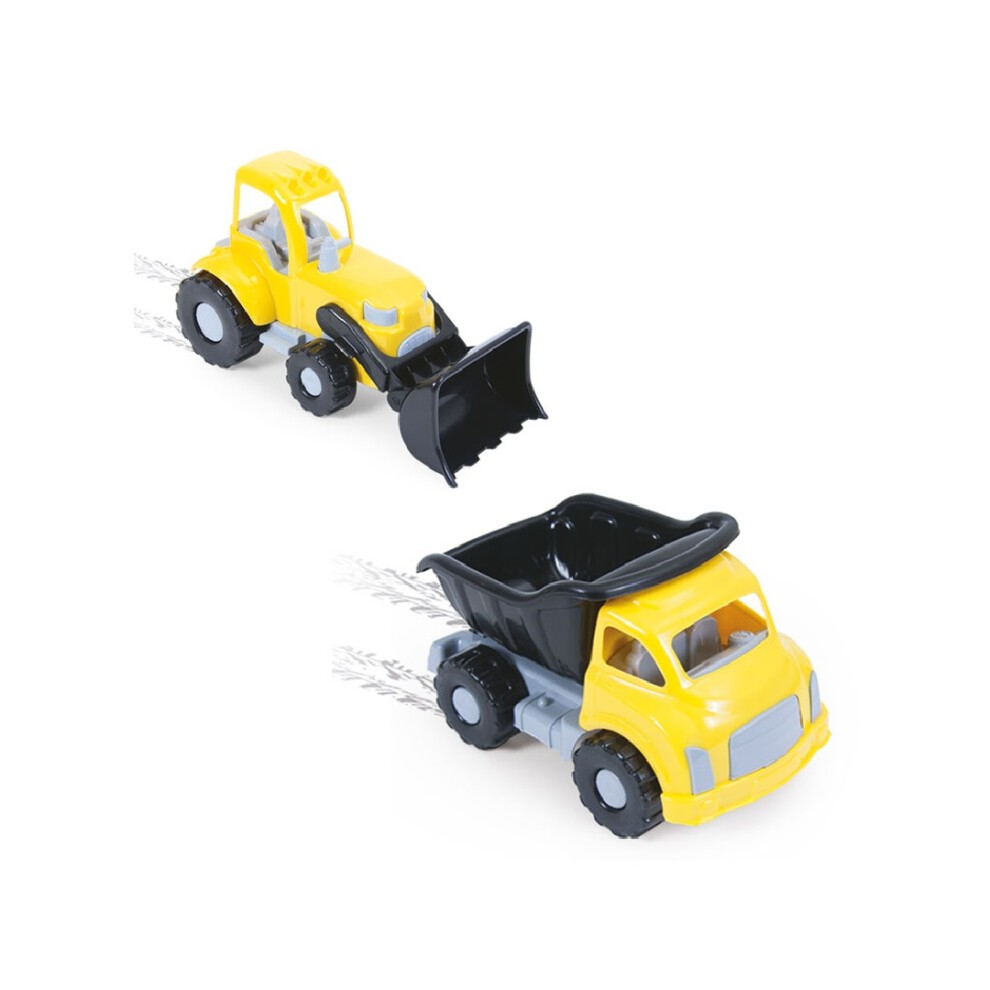 Bright yellow and black plastic construction vehicles, including a tractor with a front loader and a dump truck, designed for outdoor play with rolling wheels.