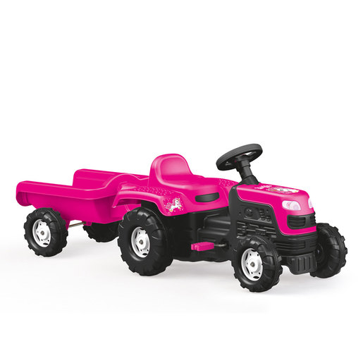 Bright pink pedal tractor with a matching trailer, featuring black wheels and a steering wheel, designed for children, made from durable plastic.