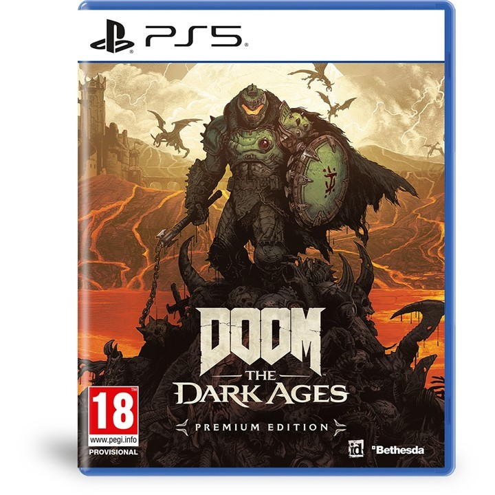 Premium edition game case for "DOOM: the Dark Ages" featuring a green armored character with a shield, set against a fiery landscape, with bold text and PS5 branding.