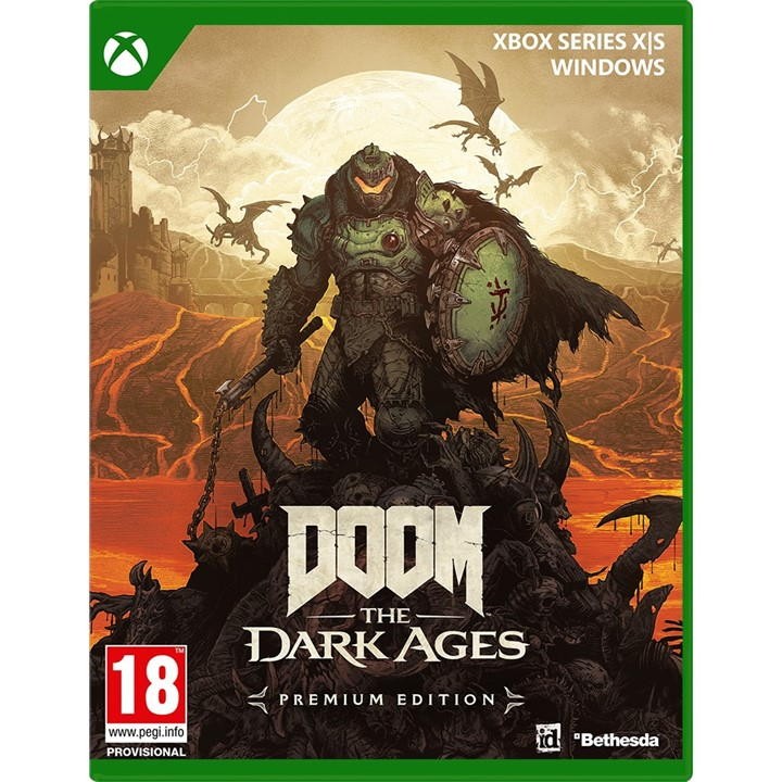 Cover art features a muscular, armored character holding a shield against a fiery landscape, with "DOOM: The Dark Ages Premium Edition" prominently displayed at the bottom.