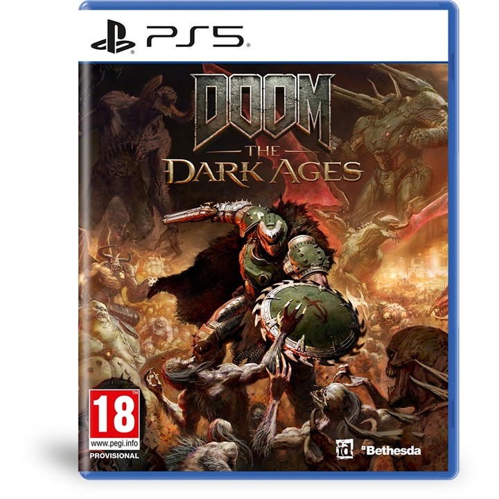 Cover art for "Doom: The Dark Ages" on PS5 features dark, ominous colors with a warrior in armor battling monstrous creatures amidst a chaotic background.