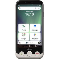 Black and white Doro Aurora A10 smartphone, 4.5" screen, dual SIM, Android 14, USB Type-C, large icons on display.