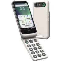 Doro Aurora A20 flip phone, black and white, 4.5" screen, large buttons, dual SIM, USB Type-C, rear camera.