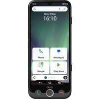 Graphite Doro Aurora A30 smartphone with 6.1" display, dual SIM, USB Type-C, four app icons on screen.