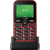 Red Doro Leva E10 senior phone with 2.4" screen, large buttons, and charging dock.