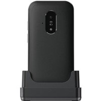 Black and white Doro Leva E22 feature phone with 2.8" screen, rear camera, and charging dock.