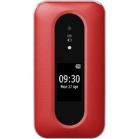 Red and white Doro Leva L30 feature phone with 2.8" display, black front panel, and small external screen showing time.