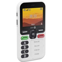 Black and white Doro Leva X10 senior phone with 2.4" screen, large buttons labeled A-D, and green/red call buttons.