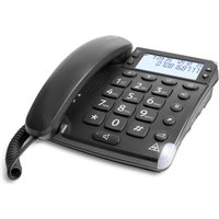 Black Doro Magna 4000 analog telephone with large buttons, LCD screen, and coiled cord.