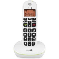 White Doro PhoneEasy 100w DECT telephone with large black buttons, orange backlit screen, and caller ID display.