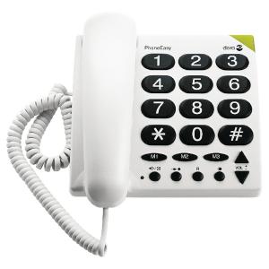 White Doro Big Button Phone with large black keys, hearing aid compatibility, and a coiled handset, featuring three memory buttons and a simple layout for easy use.