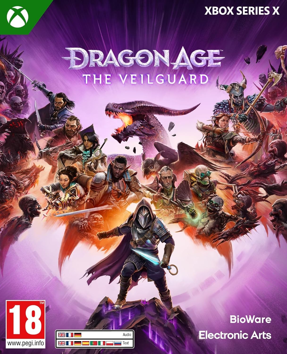 Cover art featuring a diverse group of fantasy characters, vibrant purple background, a dragon, and the title "Dragon Age: The Veilguard" prominently displayed at the top.