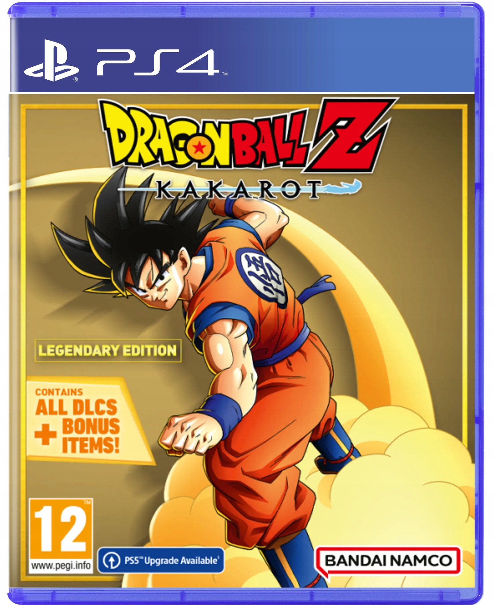 Dragon Ball Z: Kakarot Legendary Edition for PlayStation 4 features a vibrant yellow cover with Goku in action, showcasing the title, PS4 logo, and BANDAI NAMCO branding.