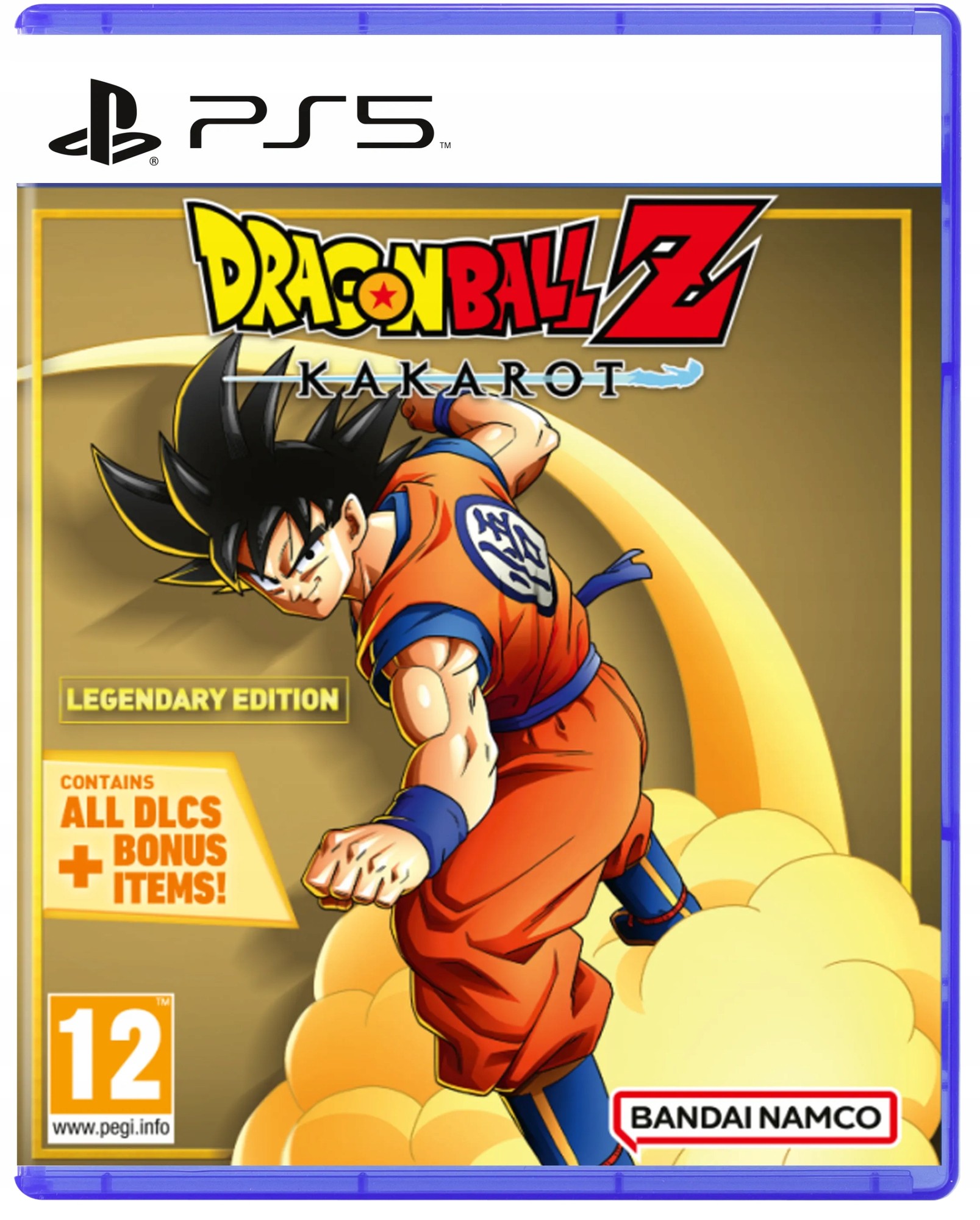 Dragon Ball Z: Kakarot Legendary Edition for PS5 features Goku in an orange gi, soaring through clouds, with a vibrant yellow background and bold red and blue text highlighting the edition.