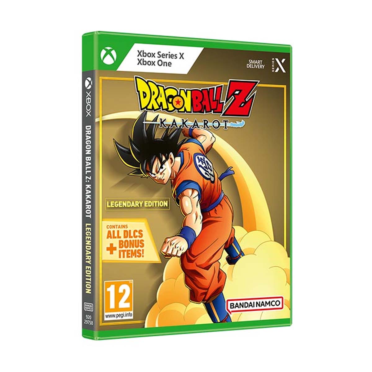 Green Xbox Series X case featuring "Dragon Ball Z: Kakarot Legendary Edition" with Goku in an action pose, gold accents, and text highlighting bonus items and DLCs.