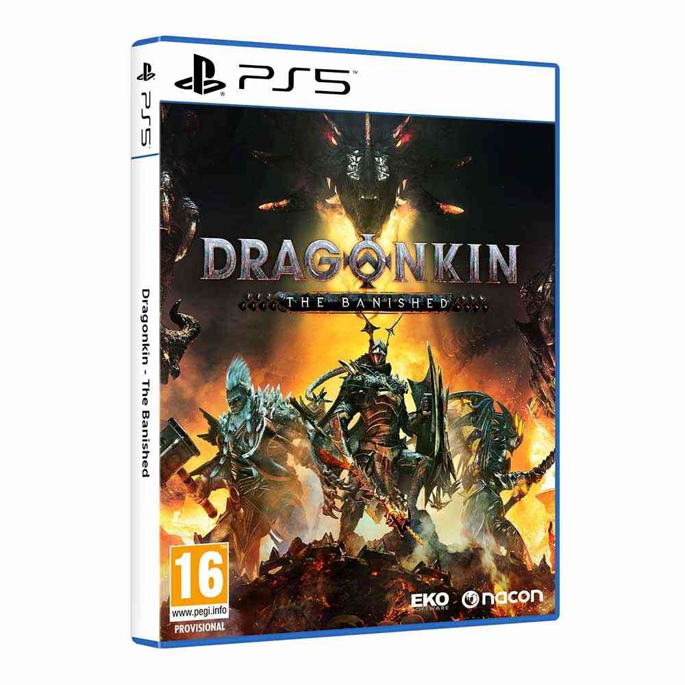 Dragonkin: The Banished for PS5 features a vivid cover with fiery colors, showcasing armored dragon warriors and a dark, menacing background, framed by a blue case.