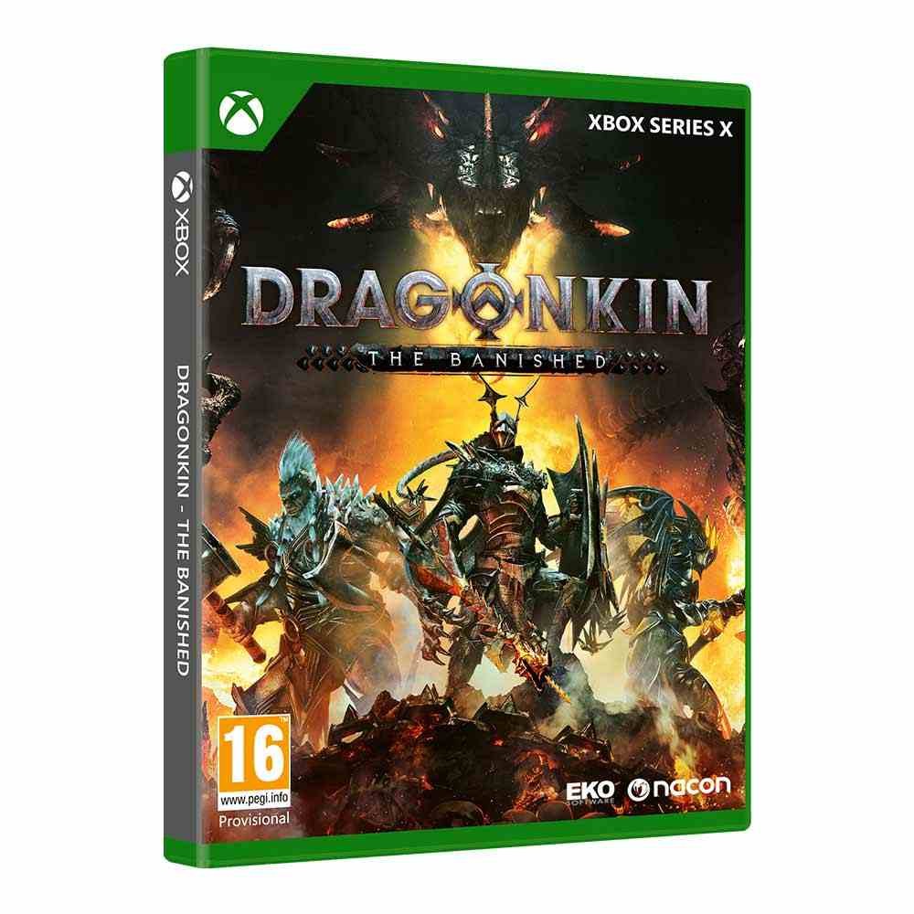 Cover art for "Dragonkin: the Banished" features a vibrant green Xbox Series X case, showcasing fierce dragon warriors against a dark, fiery background.