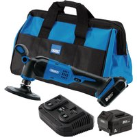Blue and black Draper dual action polisher with two batteries, fast charger, and blue carrying bag.