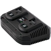 Black Draper D20 20V twin battery charger with dual slots, LED indicators, and vented sides for cooling.