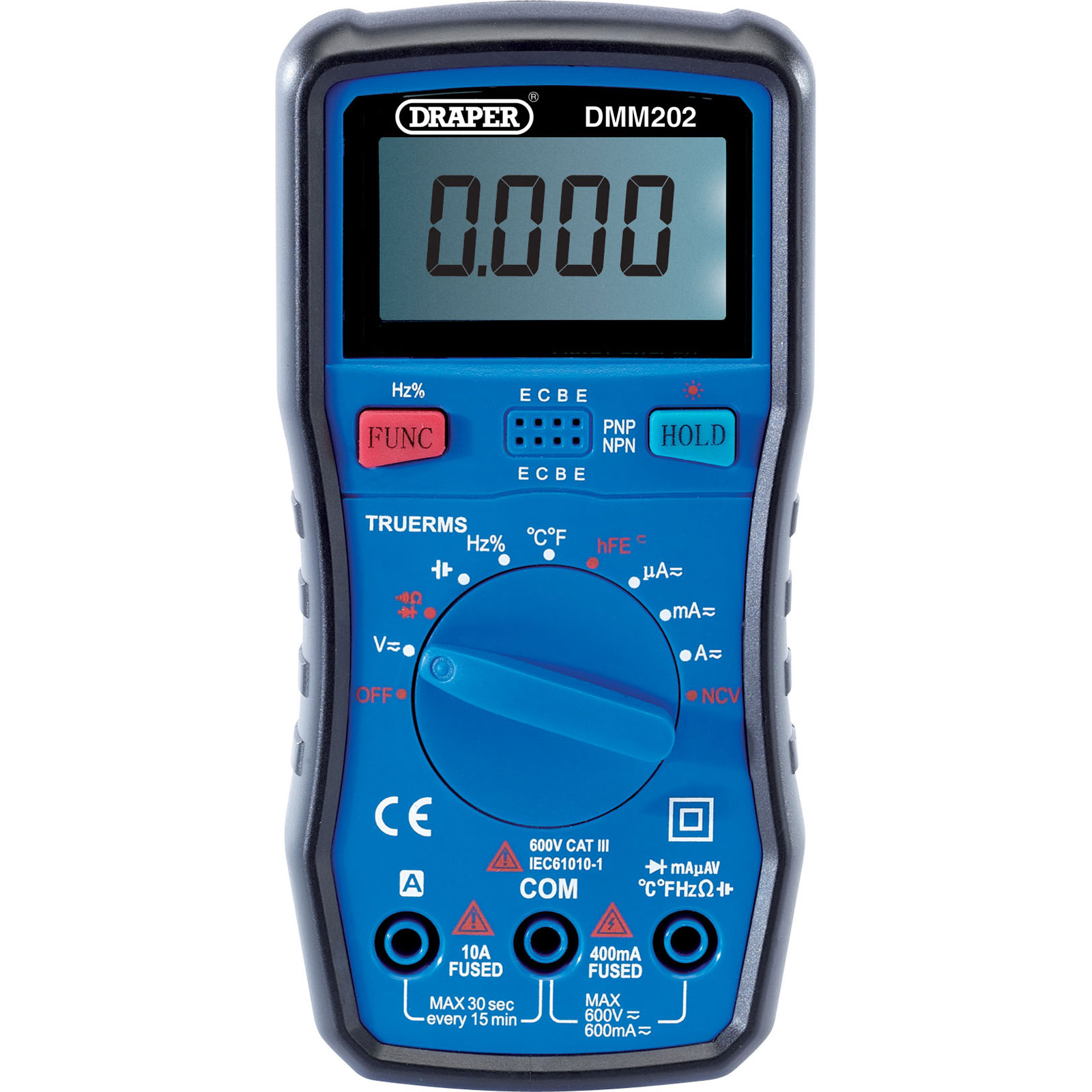 Blue digital multimeter with a large LCD display, various measurement functions, and a rotary switch for settings, featuring a rugged plastic casing and clear labeling.