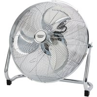 Silver Draper Expert industrial fan with three metal blades and a sturdy chrome stand.