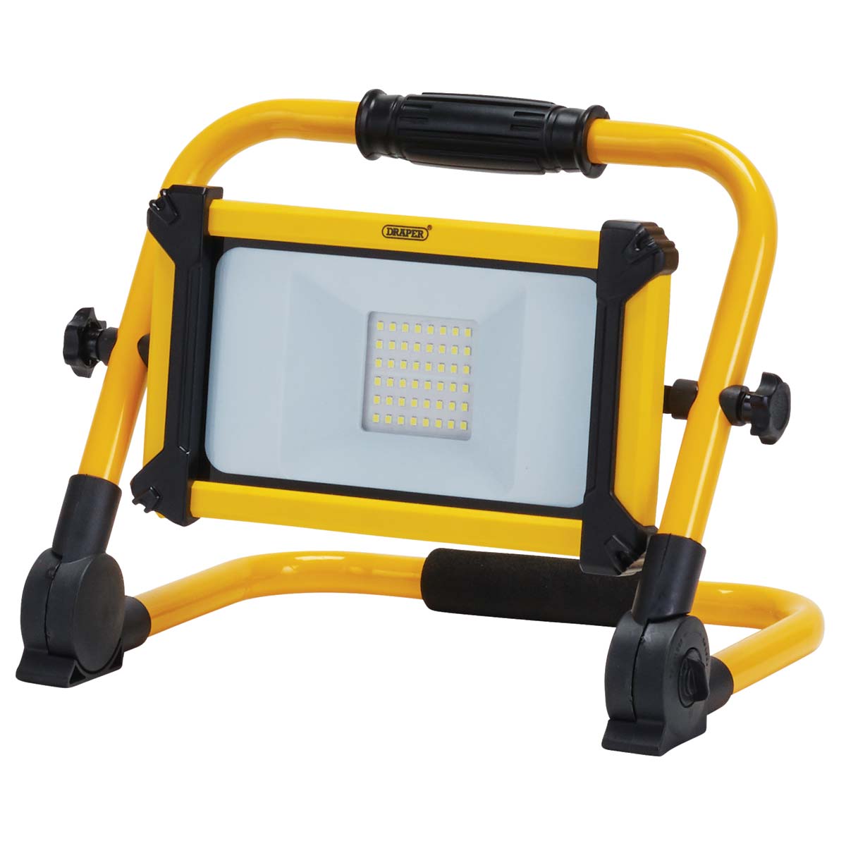 Rechargeable folding site light with a yellow metal frame, a rectangular white LED panel, adjustable legs, and a power rating of 30W, emitting 3300 lumens.