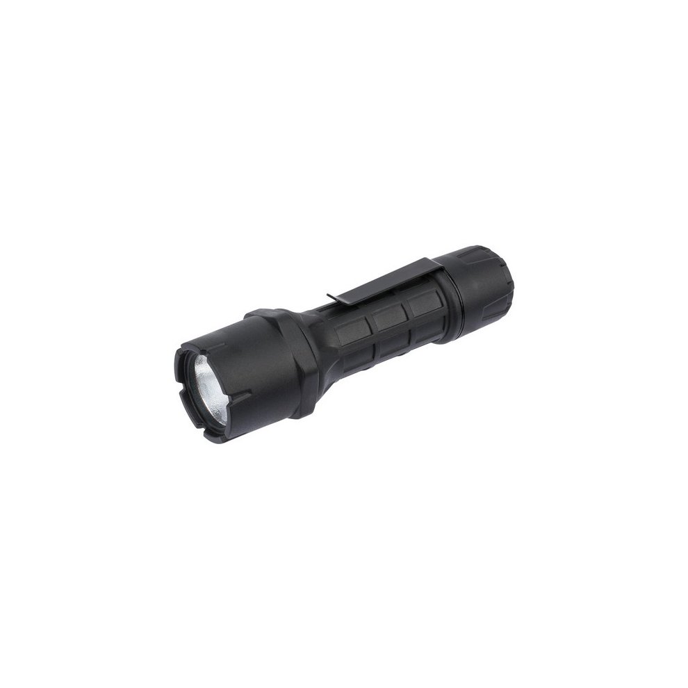 Black waterproof torch featuring a textured grip, a silver LED lens, and a clip for easy attachment, requiring one AA battery for operation.