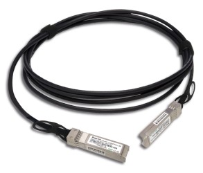 Black fiber optic cable with two silver transceiver modules at each end, featuring labels and connectors for high-speed data transmission.