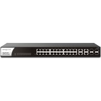 Black DrayTek G1282 1U managed gigabit Ethernet switch with 24 ports and LED indicators on the front panel.