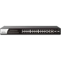 Black DrayTek P1282 1U rack-mounted managed Gigabit Ethernet switch with multiple ports and PoE capability.