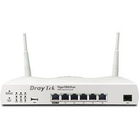 Grey DrayTek V2865LAC wireless router with dual antennas, multiple Ethernet ports, and LED indicators on front panel.