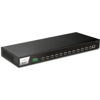 Black Draytek VigorSwitch FX2120 with 12 ports, rack-mountable, sleek design, silver label on the left side.
