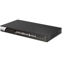 Black DrayTek VigorSwitch P2282x with 24 Gigabit PoE ports, sleek design, and LED indicators on the front panel.