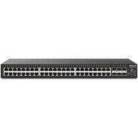 Black DrayTek VigorSwitch P2542x with 48 Ethernet ports and 4 SFP+ ports, rack-mountable design.