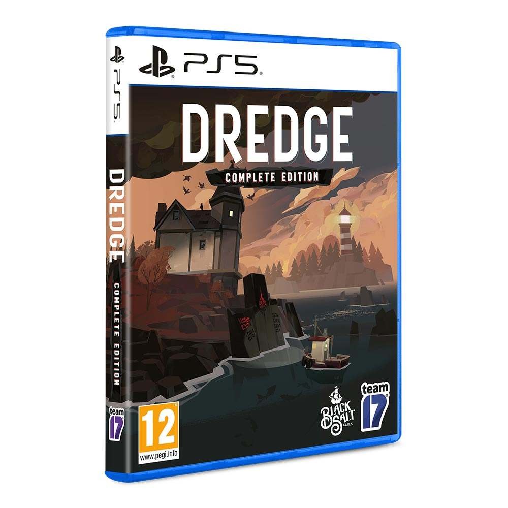 DREDGE Complete Edition for PS5 features a colorful cover with a dark, moody landscape, a lighthouse, and a boat, highlighted by the game's title and publisher logos.