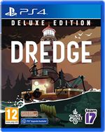 DREDGE Deluxe Edition for PlayStation 4 features a vibrant cover with a fishing boat near a lighthouse, surrounded by water, with bold white text and a colorful sunset background.