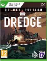 DREDGE Deluxe Edition for Xbox Series X features a vibrant cover with a fishing boat, a lighthouse, and dark stormy clouds, showcasing a mix of greens, blues, and browns.