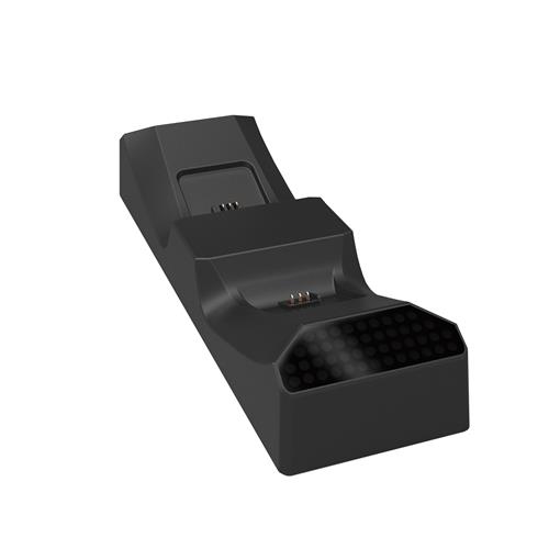 Black dual charging station with a sleek design, featuring two charging slots and a textured surface for stability, ideal for gaming controllers.